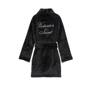 Victoria's Secret Short Cozy Plush Logo Robe Pockets Black